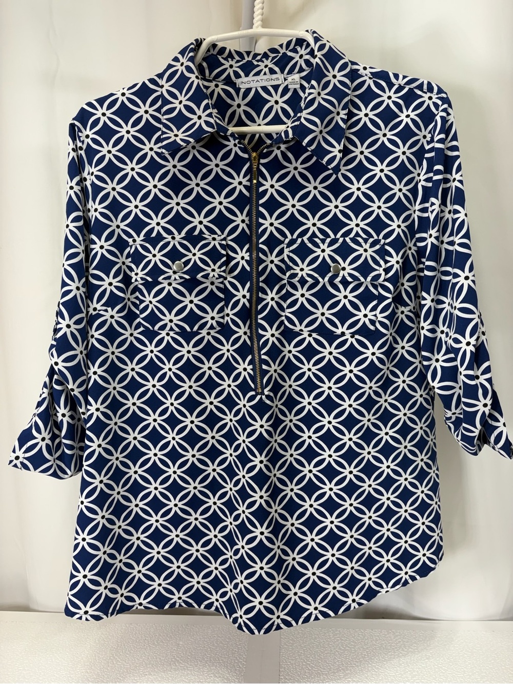 Notations Navy and White Geometric Zip-Front Blouse 4275